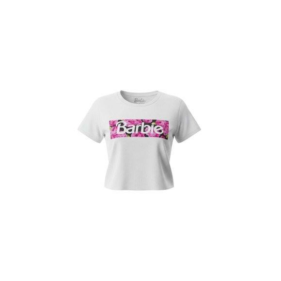 Barbie Tops - Barbie Graphic Tee Womens Large White Pink Rose Floral Box Logo Cropped Shirt